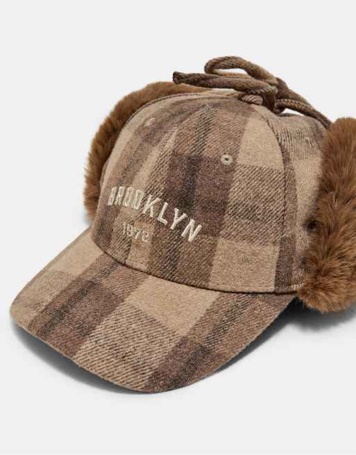 Stradivarius Karo-Kappe mit Faux-Fur in Braun, 4 von 4