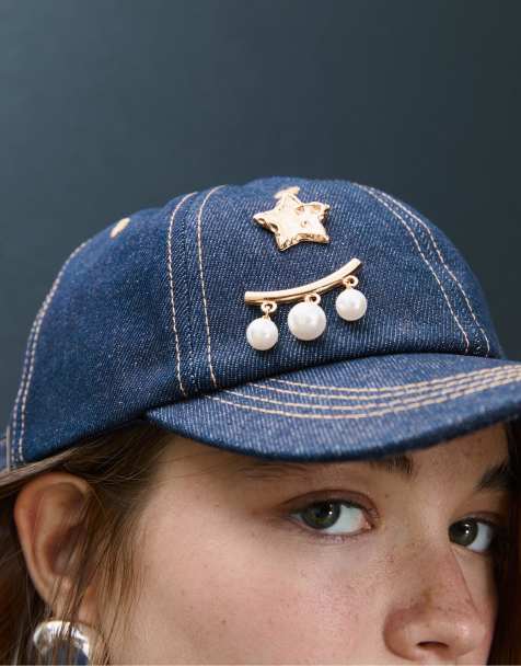 Stradivarius - Kasket med emblemer i lys afbleget denim - view 1