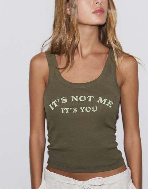 Stradivarius - Khaki racertop med slogan - view 1