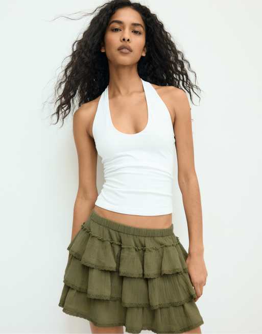 Stradivarius - Khaki skort med flæser i krølstof, 2 af 4