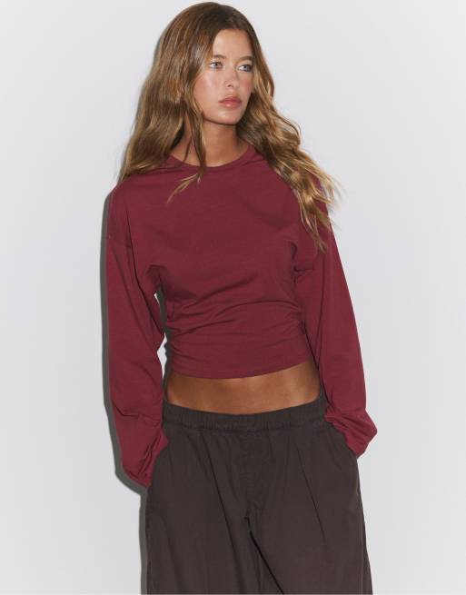 Stradivarius Kimono sleeve t-shirt in dark red, 2 of 7
