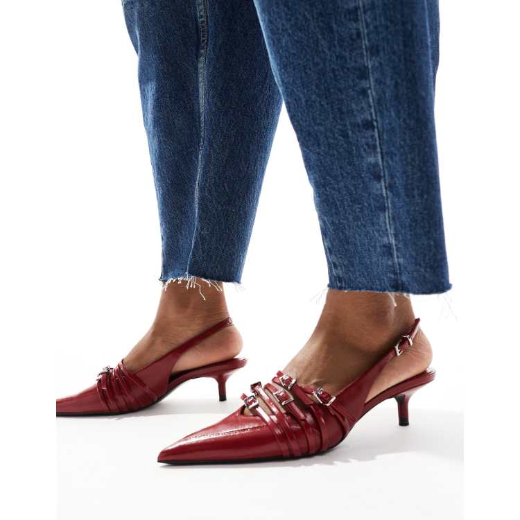 Stradivarius kitten slingback heels with buckles in red | ASOS