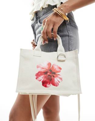 Stradivarius - Kleine Stofftasche in Ecru mit Blumendetail-Neutral