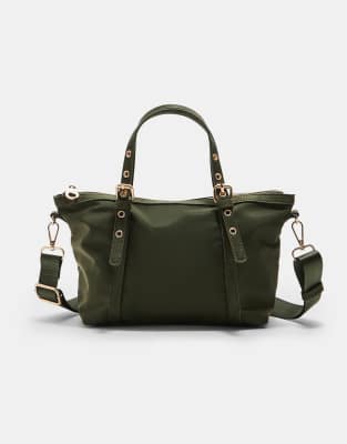 Stradivarius - Kleiner Shopper zum Umhängen in Khaki mit Kontrastdetails-Grün