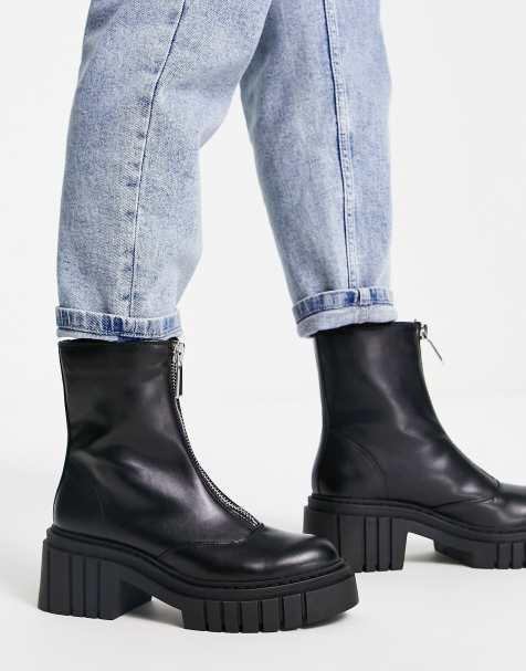 Stradivarius – Klobige Stiefel in Schwarz mit Reißverschluss vorn - view 1