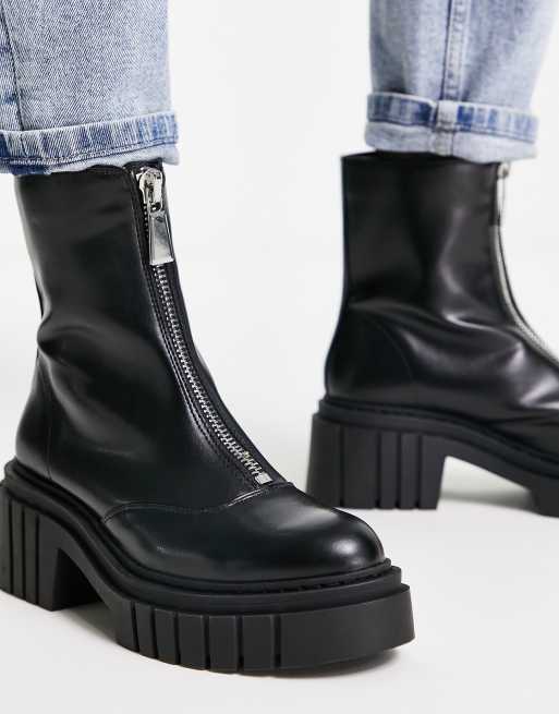 Stradivarius – Klobige Stiefel in Schwarz mit Reißverschluss vorn , 3 von 4