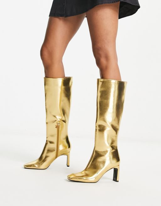 Gold knee high 2025 boots open toe