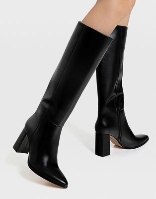 Stradivarius knee high heeled boots in black