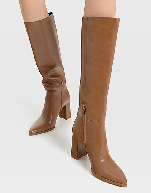 Stradivarius knee high heeled boots in brown | ASOS
