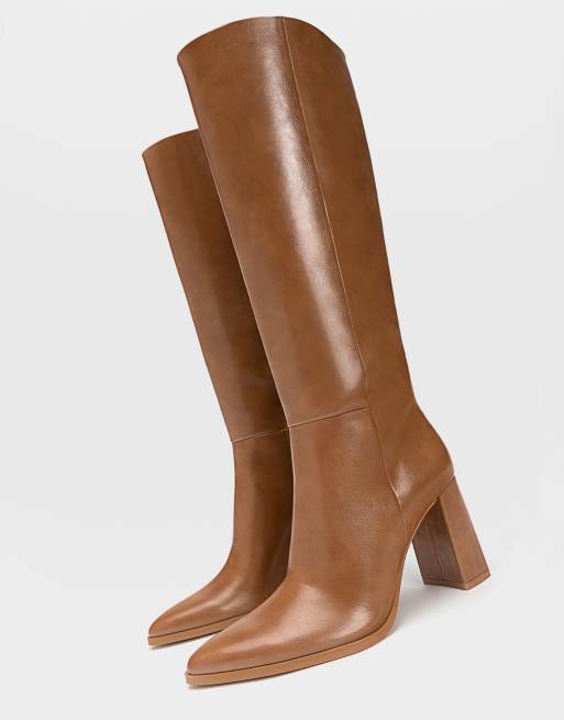 Stradivarius knee high heeled boots in brown