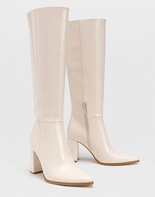 Stradivarius knee high heeled boots in cream