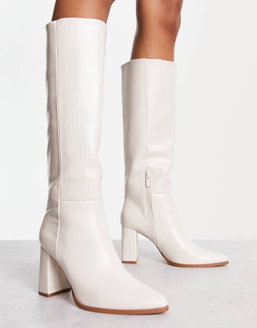Stradivarius knee high heeled boots in ecru