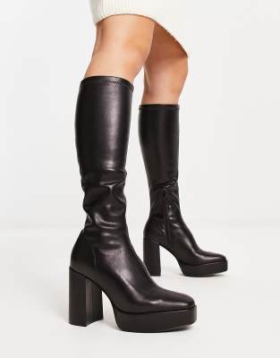 Stradivarius Knee High Heeled Platform Boot In Black | ModeSens