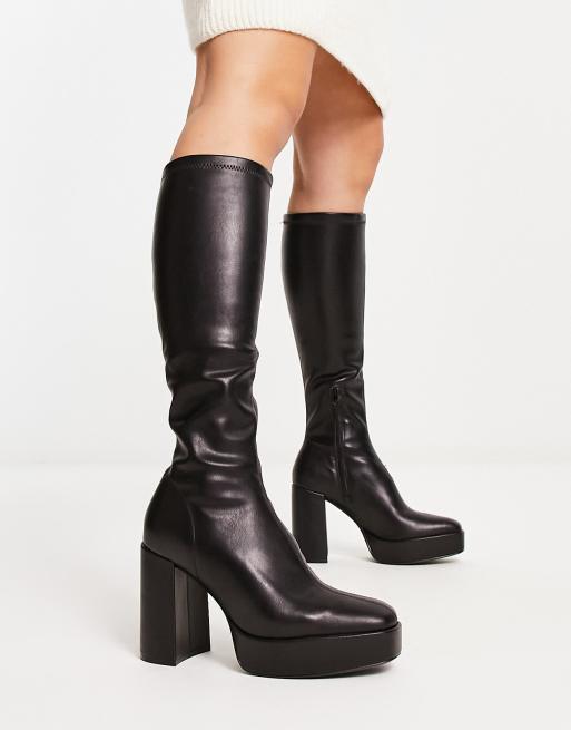 Stradivarius knee high heeled platform boots in black 
