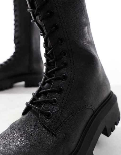 Knee high black lace up hot sale combat boots