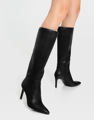 Stradivarius knee high stiletto heeled boots in black