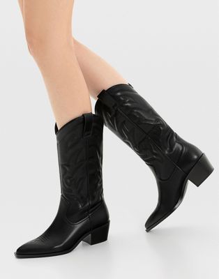 Stradivarius knee high western boot in black