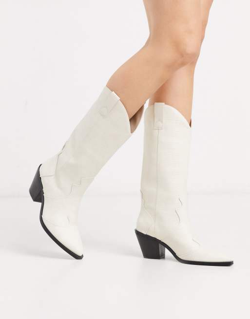 Stradivarius knee high western boots in white