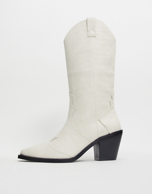 Stradivarius knee high western boots in white