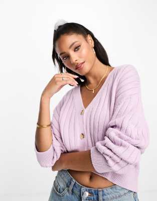 Stradivarius knit cardi with button front in lilac-White