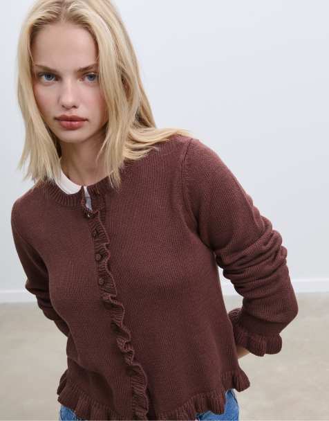 Stradivarius Knit cardigan with buttons and ruffles in brown