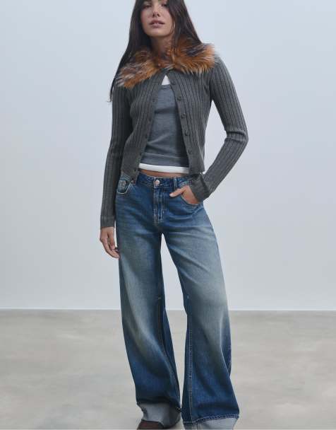 Stradivarius Knit cardigan with faux fur collar in dark grey