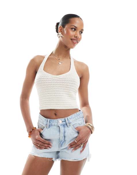Stradivarius knit halterneck crop top in ecru - view 1