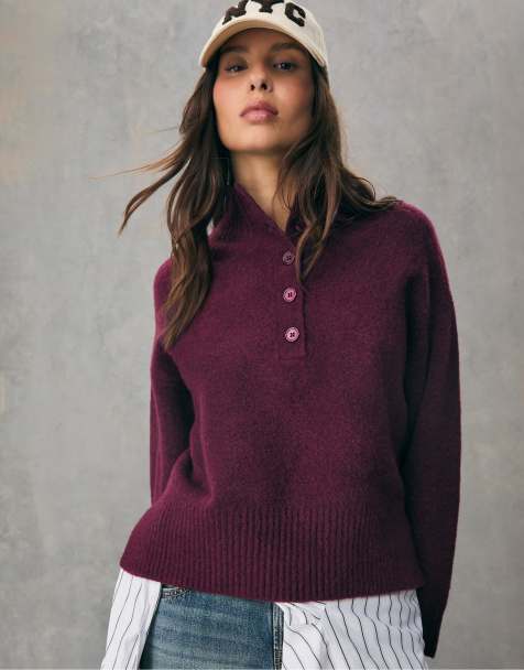 Stradivarius Knit jumper with buttons in aubergine - view 1