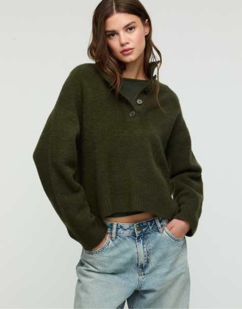 Stradivarius Knit jumper with buttons in green - view 1