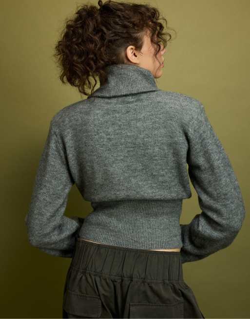 Stradivarius Knit jumper with padded shoulders and quarter-zip in dark grey, 3 of 7