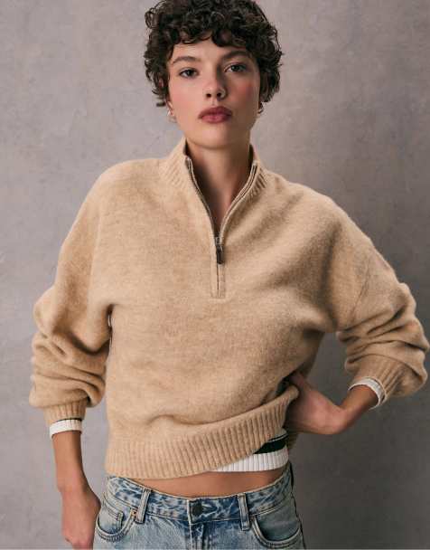 Stradivarius Knit jumper with zip in beige - view 1