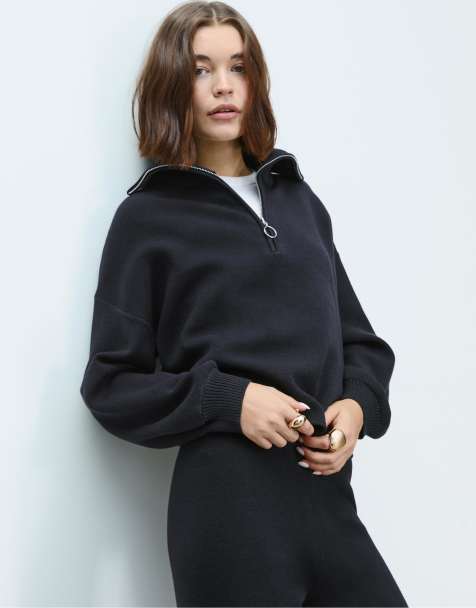 Stradivarius Knit jumper with zip in black - view 1