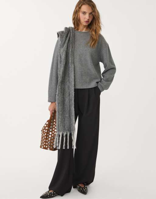 Stradivarius knit round neck t-shirt in dark grey, 2 of 4