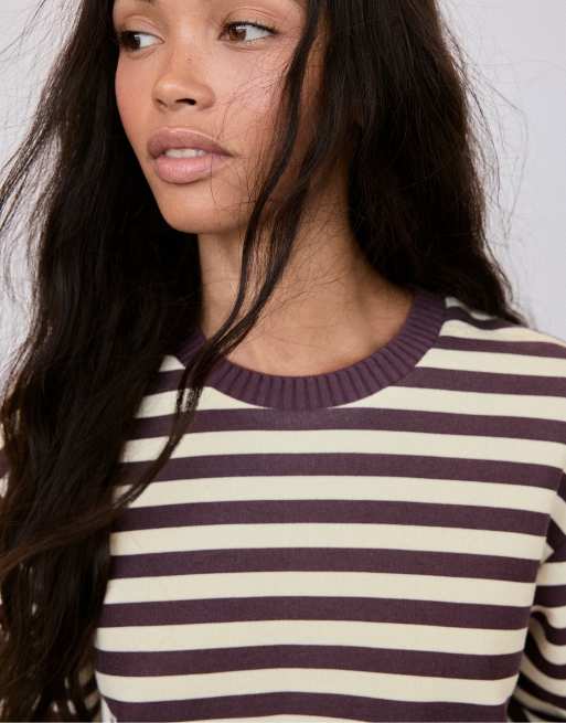Stradivarius Knit round neck t-shirt in dark purple, 4 of 7