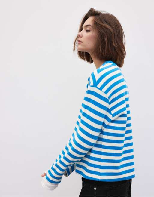 Stradivarius Knit round neck t-shirt in striped turquoise, 2 of 7