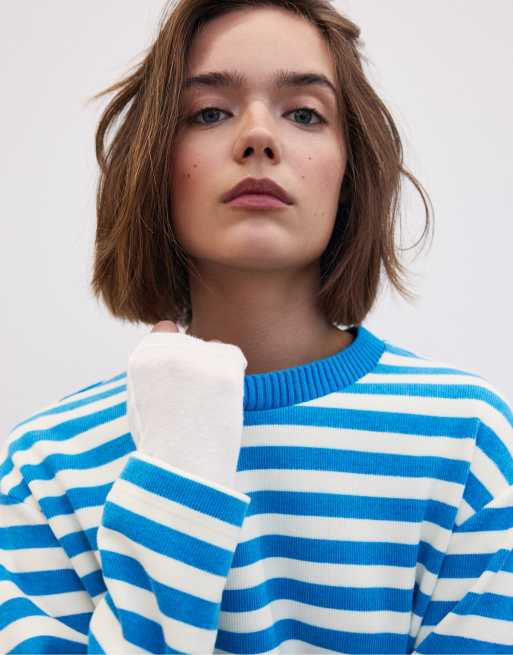 Stradivarius Knit round neck t-shirt in striped turquoise, 3 of 7