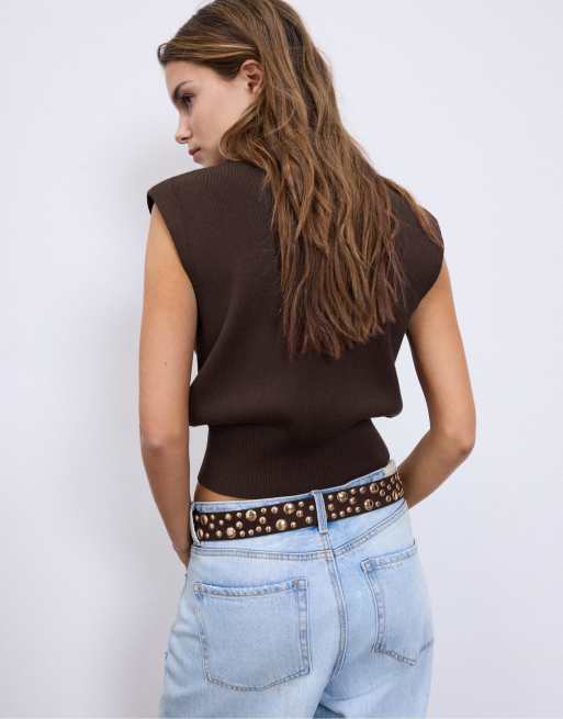Stradivarius Knit round neck top in brown, 3 of 4