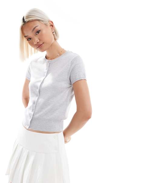 Stradivarius knit short sleeve cardigan in gray - view 1