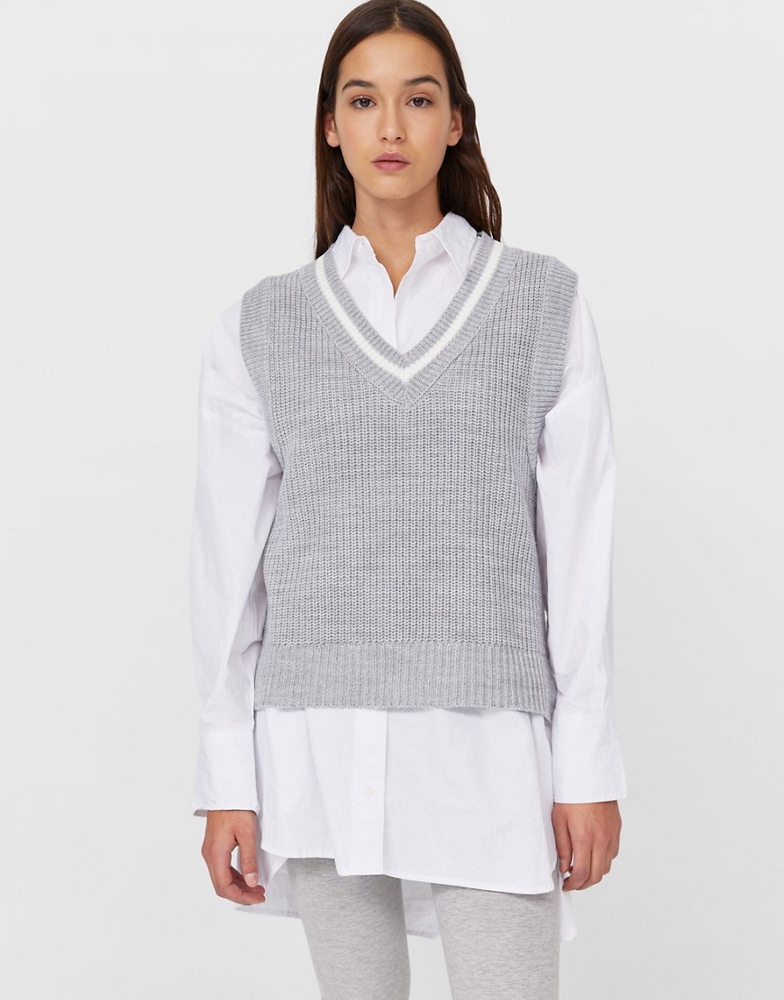 Stradivarius knit sweater vest with contrast stripe detail in gray-Grey