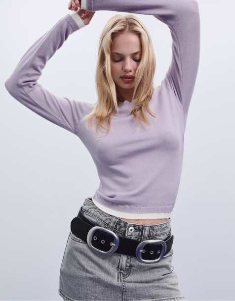 Stradivarius Knit sweater with contrast trim in lilac - view 1