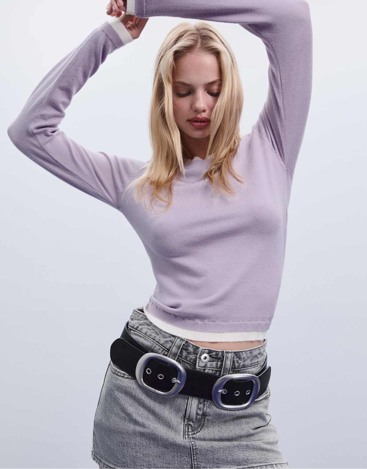 Stradivarius Knit sweater with contrast trim in lilac