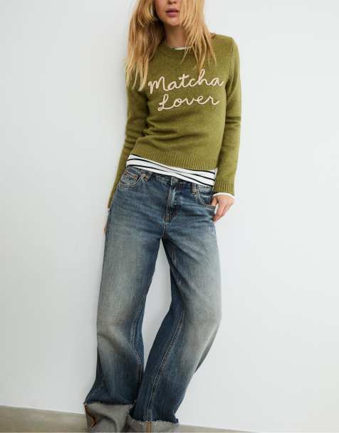 Stradivarius Knit sweater with placement slogan in olive green