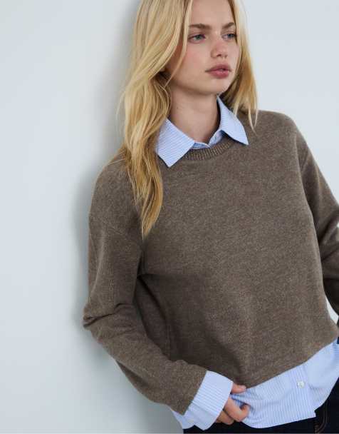 Stradivarius Knit t-shirt in two materials in brown - view 1