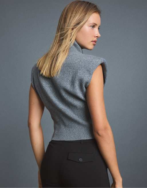 Stradivarius Knit vest with padded shoulders and zip in dark grey, 3 of 7