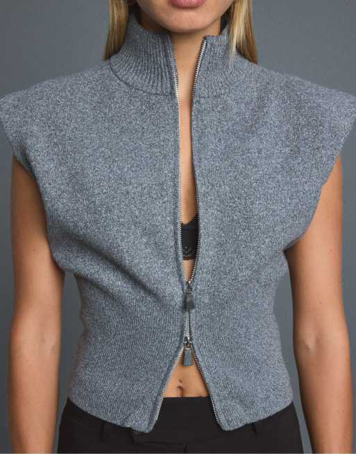 Stradivarius Knit vest with padded shoulders and zip in dark grey, 5 of 7