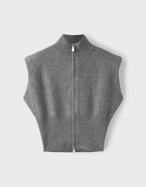Stradivarius Knit vest with padded shoulders and zip in dark grey, 6 of 7