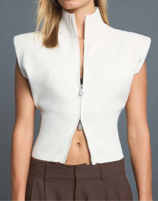 Stradivarius Knit vest with padded shoulders and zip in ice, 5 of 7