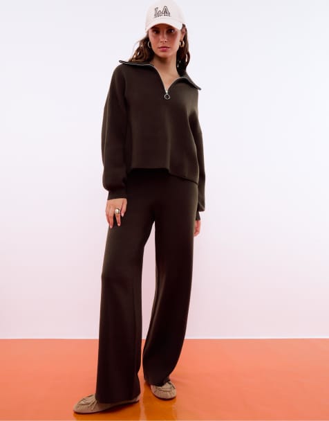 Stradivarius Knit wide-leg trousers in brown