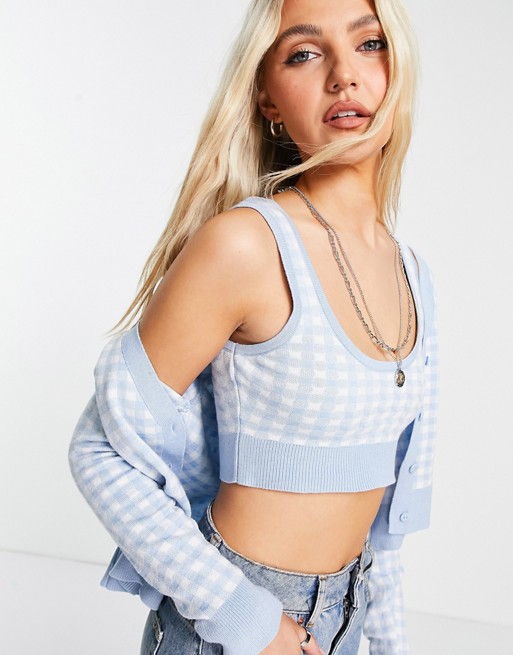Stradivarius knitted cami co-ord in blue check