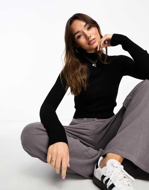 Stradivarius knitted high neck top in black - view 1
